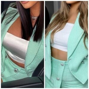 Zara Mint Green Textured Cropped Blazer Size XL Blogger Fav NWT Tweed Look